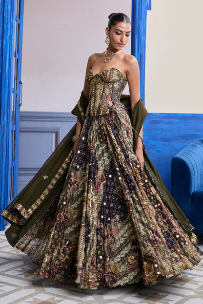 OLIVE PRINT CORSET WITH HIGHLIGHTED LEHENGA & EMBROIDERED DUPATTA SET