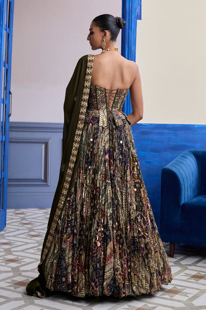 OLIVE PRINT CORSET WITH HIGHLIGHTED LEHENGA & EMBROIDERED DUPATTA SET