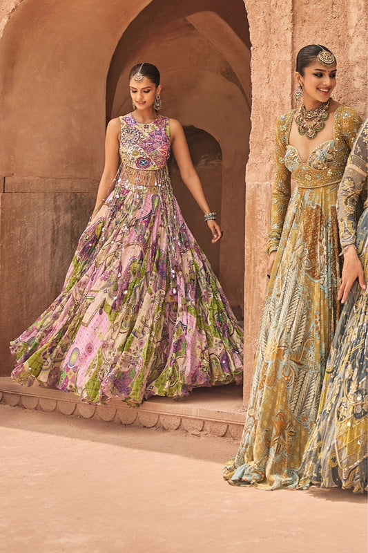 BUBBLEGUM MOSAIC YOKE BLOUSE WITH LONG TASSELS & HIGHLIGHTED LEHENGA SET