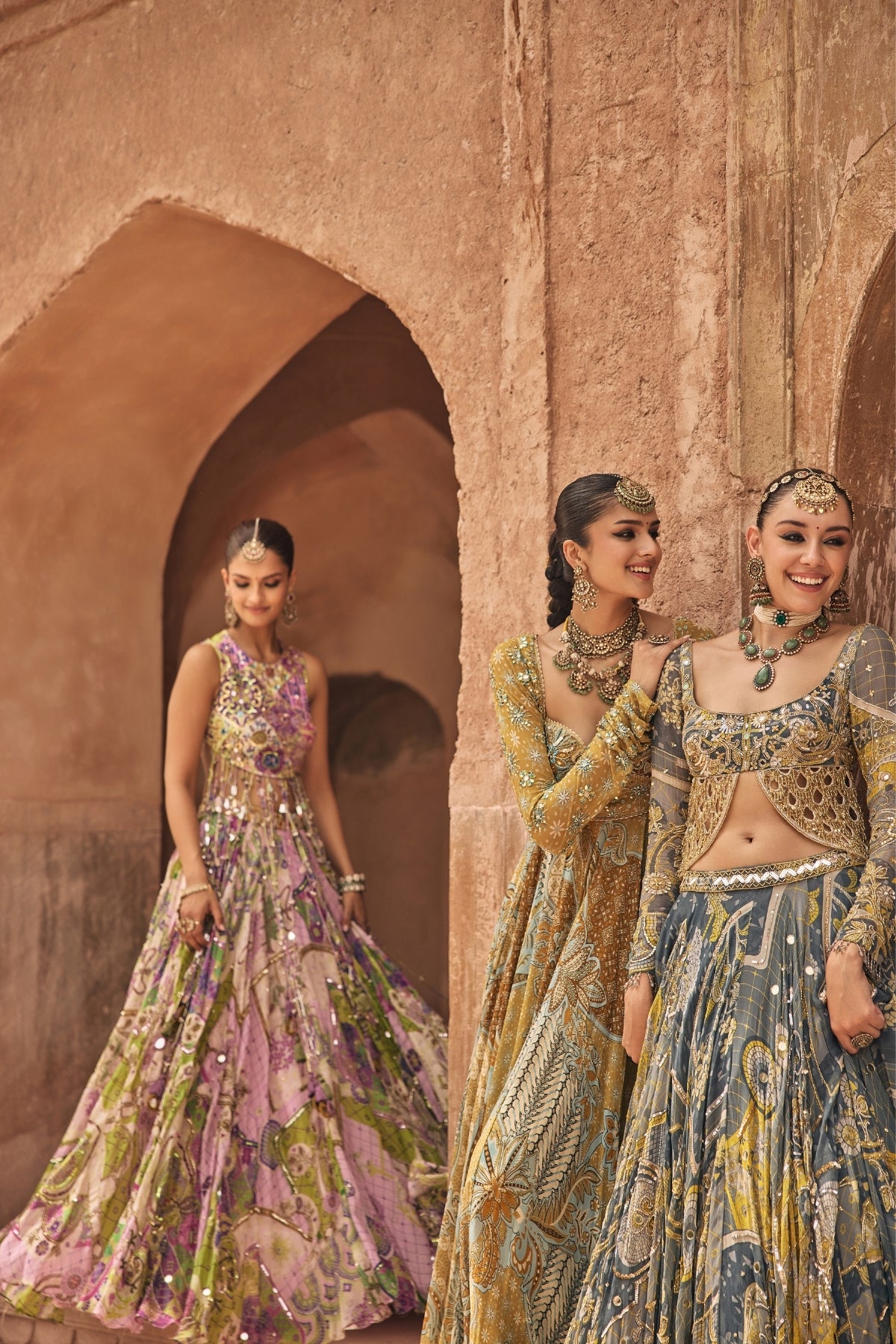 BUBBLEGUM MOSAIC YOKE BLOUSE WITH LONG TASSELS & HIGHLIGHTED LEHENGA SET