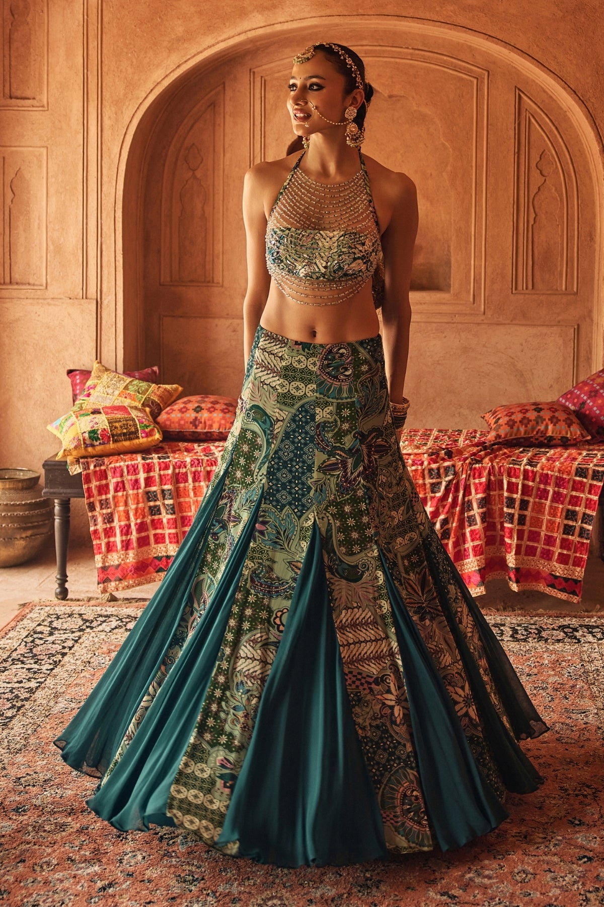 JEWELED GREEN HALTER BLOUSE WITH FLARED GODET SKIRT SET