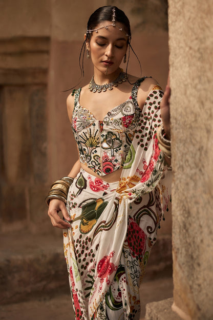 IVORY PRINT AND HIGHLIGHTED CORSET WITH  DHOTI SKIRT SAREE SET