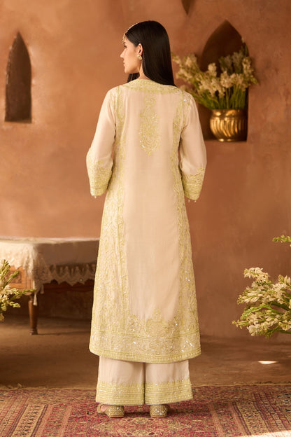 Ena - Daisy Ivory With Mint Green Long A-line Kurta With Palazzo And Dupatta