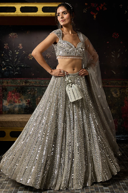 SILVER EMBELLISHED MIRRORWORK LEHENGA SET
