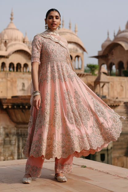 Mahrosh - Pink Kalidaar Anarkali Set with Palazzo & Dupatta