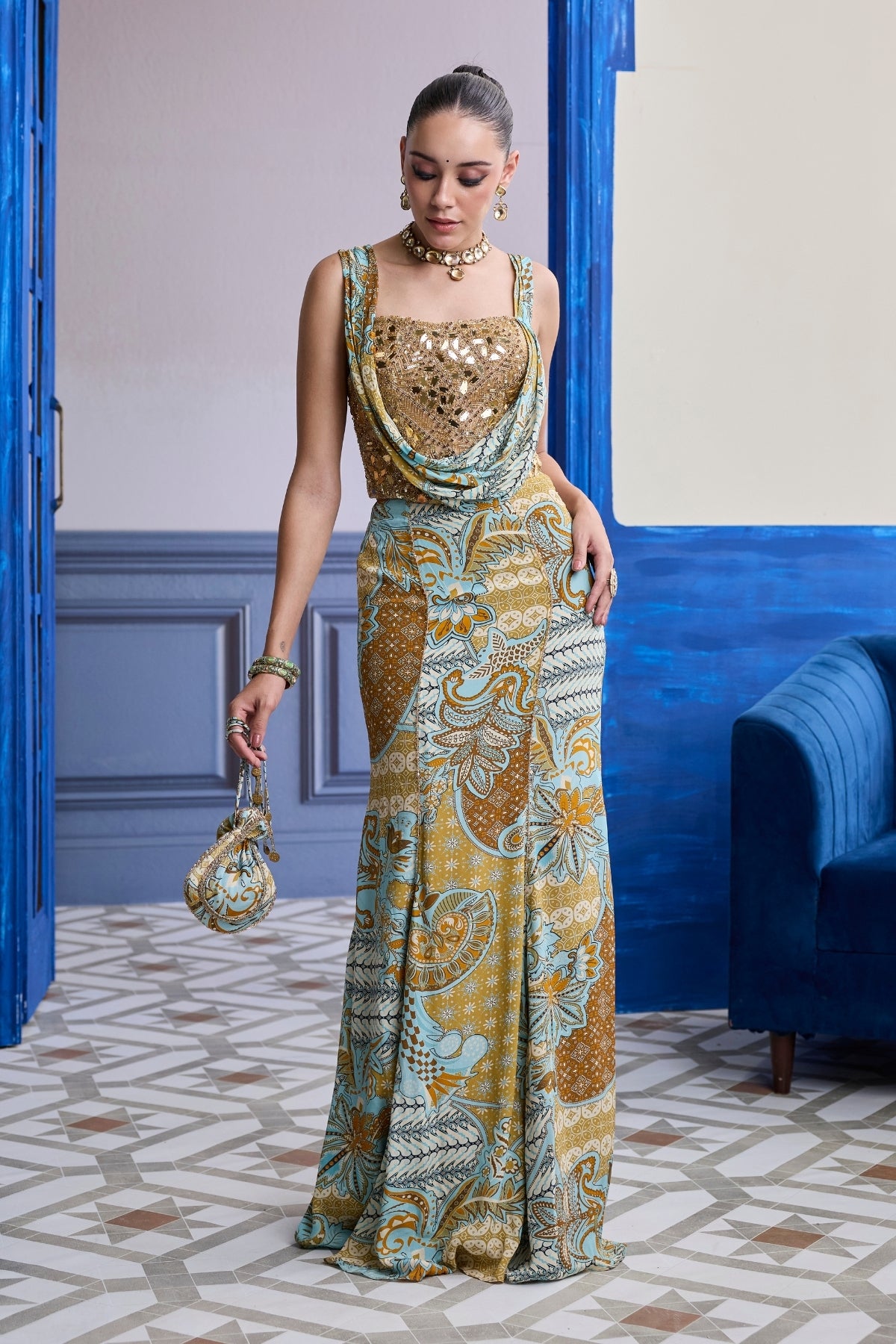 GOLD EMBROIDERED CORSET WITH FLORAL COWL & MERMAID SKIRT SET