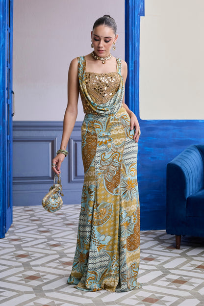 GOLD EMBROIDERED CORSET WITH FLORAL COWL & MERMAID SKIRT SET