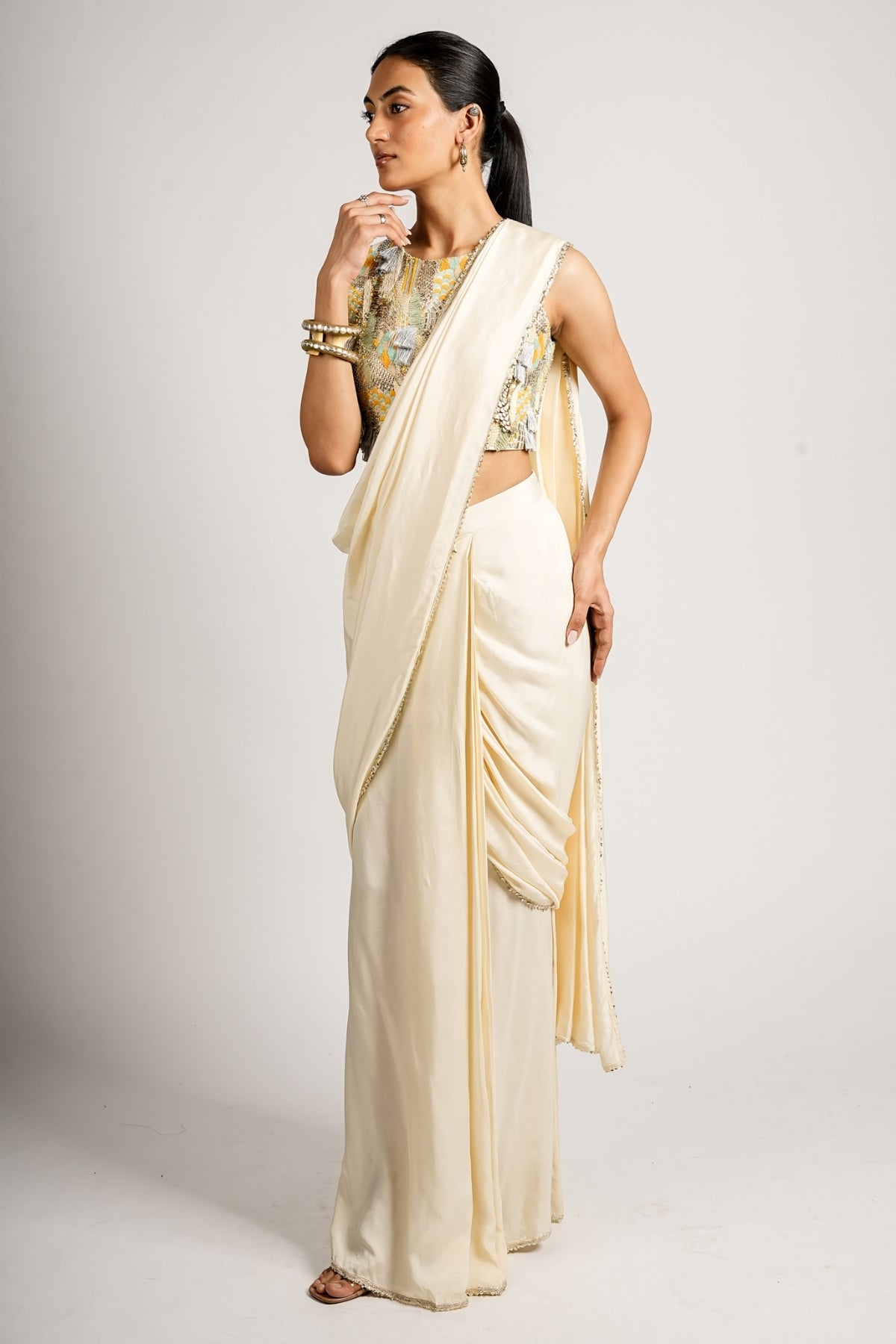 Iraya Abstract Embellished Blouse With Ivory Saree