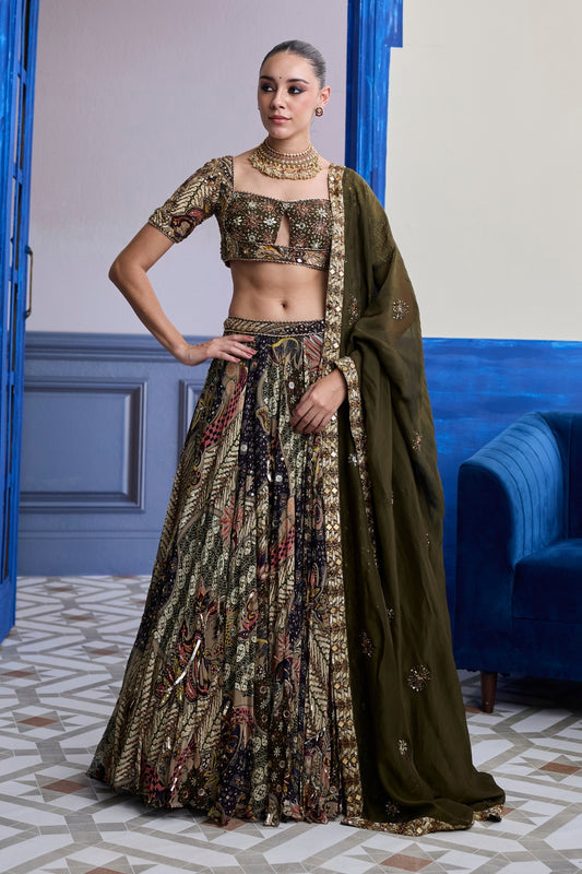 OLIVE PRINT BLOUSE WITH HIGHLIGHTED LEHENGA & EMBROIDERED DUPATTA SET