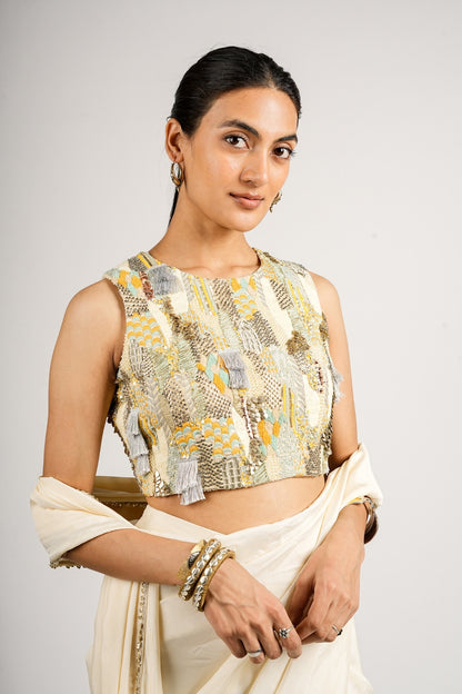 Iraya Abstract Embellished Blouse With Ivory Saree