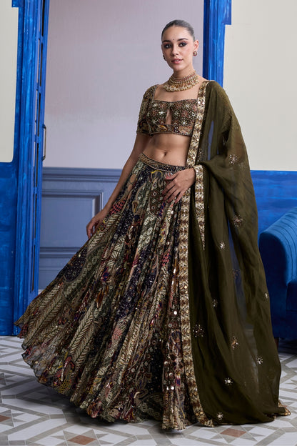 OLIVE PRINT BLOUSE WITH HIGHLIGHTED LEHENGA & EMBROIDERED DUPATTA SET