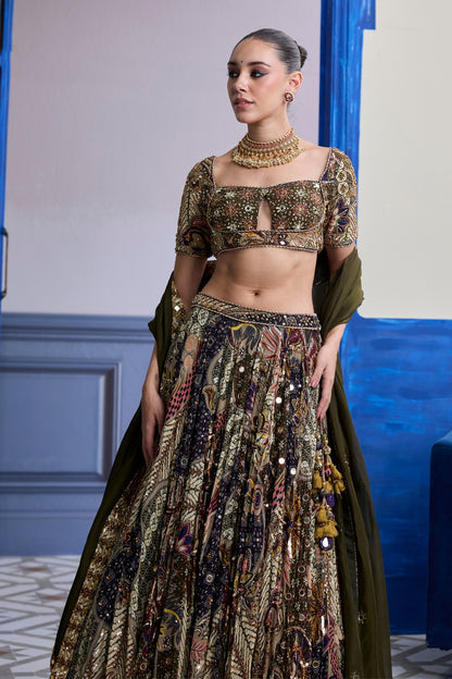 OLIVE PRINT BLOUSE WITH HIGHLIGHTED LEHENGA & EMBROIDERED DUPATTA SET