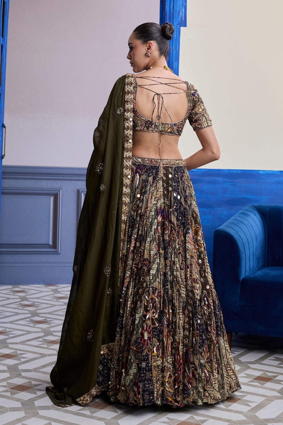 OLIVE PRINT BLOUSE WITH HIGHLIGHTED LEHENGA & EMBROIDERED DUPATTA SET