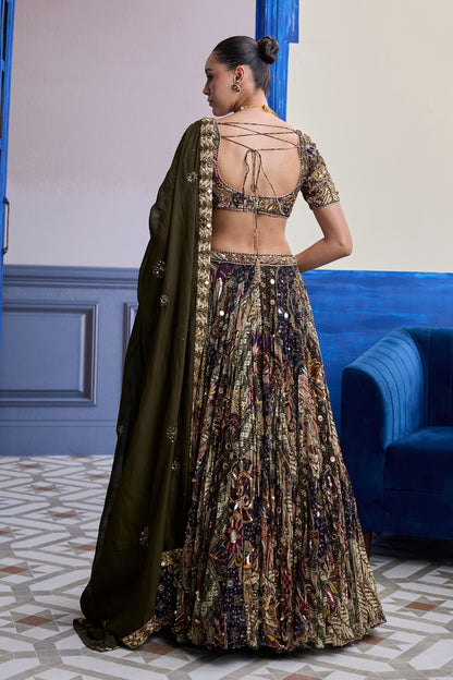 OLIVE PRINT BLOUSE WITH HIGHLIGHTED LEHENGA & EMBROIDERED DUPATTA SET