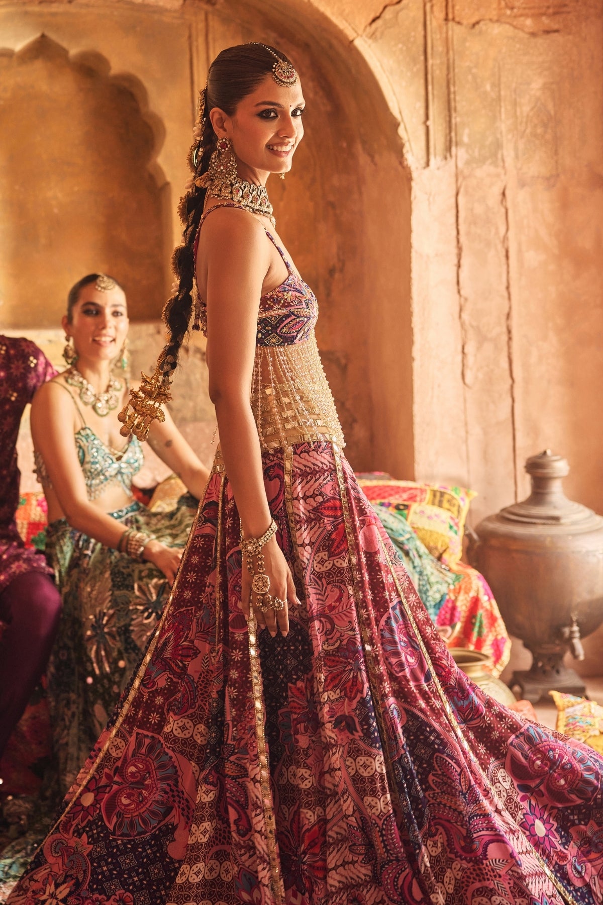 FUCHSIA MIRROR HIGHLIGHTED SKIRT WITH TASSEL BLOUSE SET