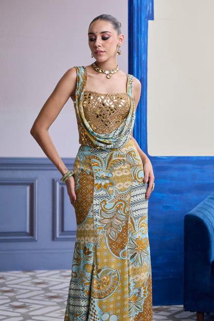 GOLD EMBROIDERED CORSET WITH FLORAL COWL & MERMAID SKIRT SET