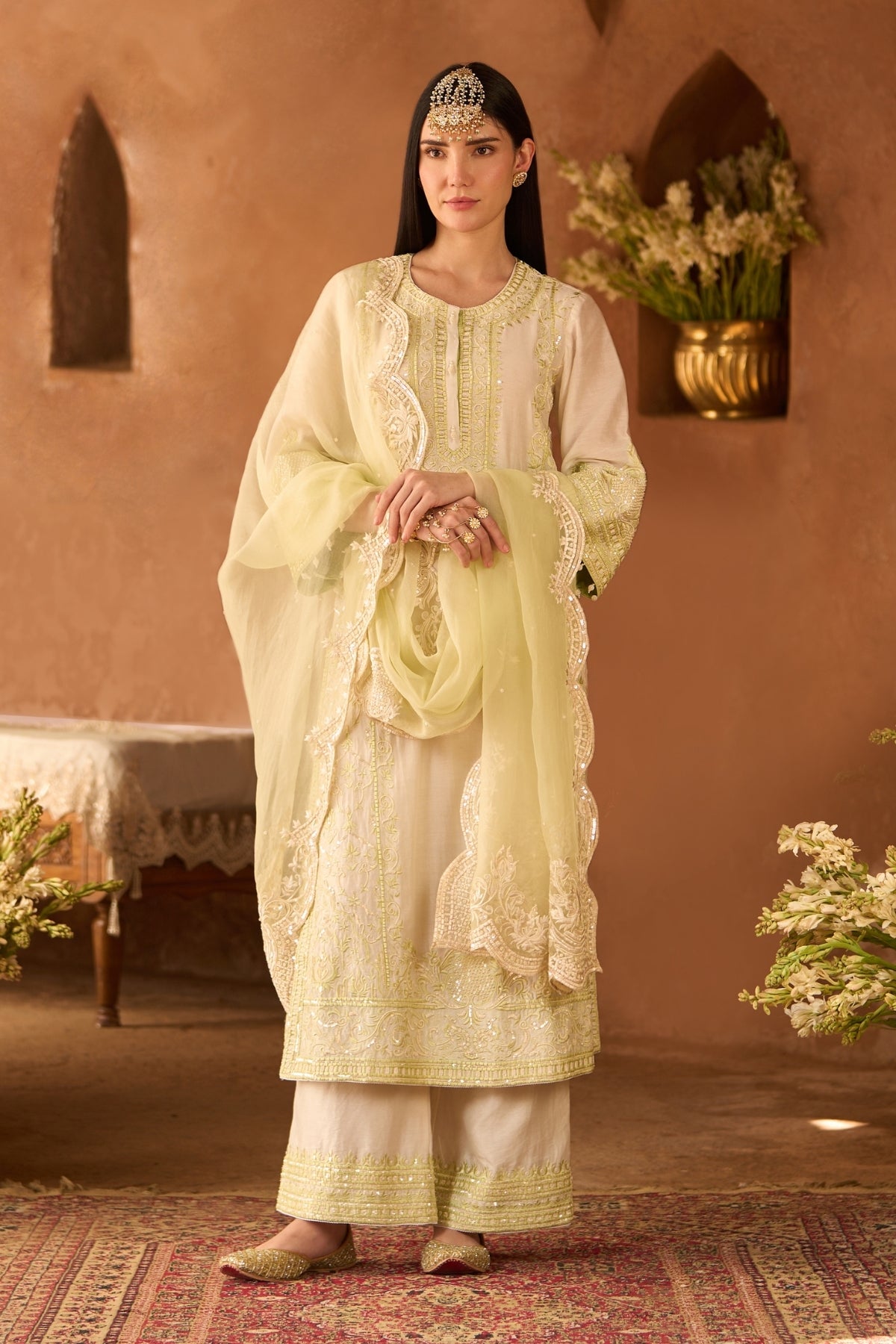 Ena - Daisy Ivory With Mint Green Long A-line Kurta With Palazzo And Dupatta