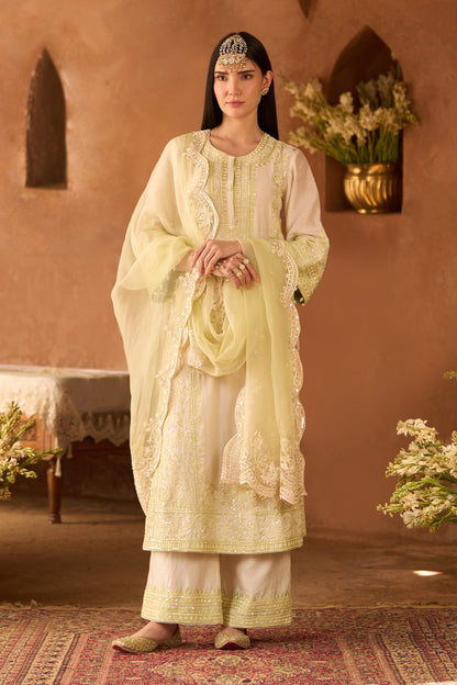 Ena - Daisy Ivory With Mint Green Long A-line Kurta With Palazzo And Dupatta