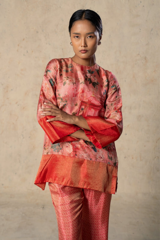 Printed Peach Tissue Pant Set