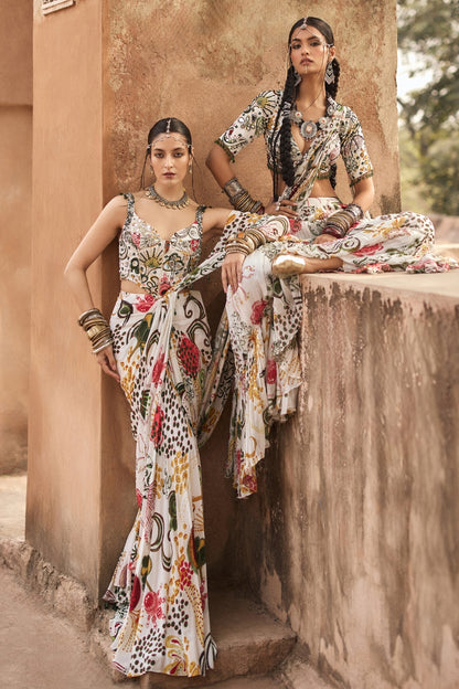 IVORY PRINT AND HIGHLIGHTED CORSET WITH  DHOTI SKIRT SAREE SET