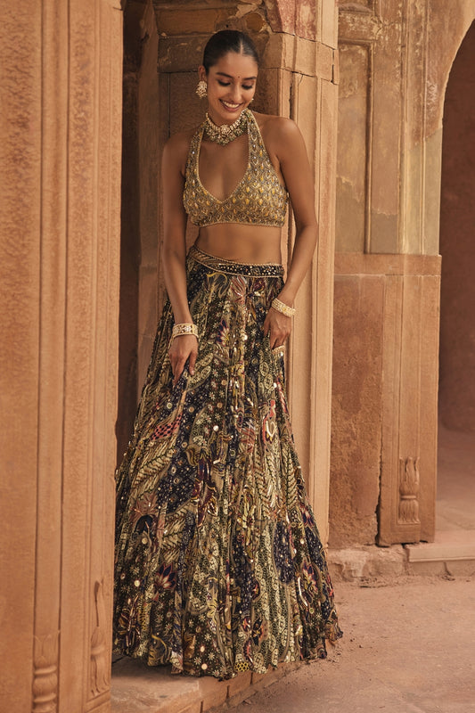 GREY & YELLOW EMBROIDERED BLOUSE WITH HIGHLIGHTED LEHENGA SET