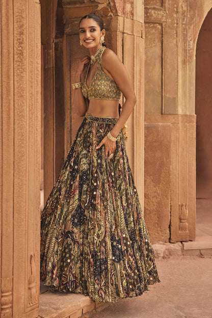 GREY & YELLOW EMBROIDERED BLOUSE WITH HIGHLIGHTED LEHENGA SET