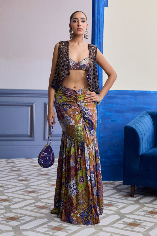 VIOLET MOSAIC BUSTIER WITH CUTWORK JACKET & GATHERED DHOTI SKIRT SET