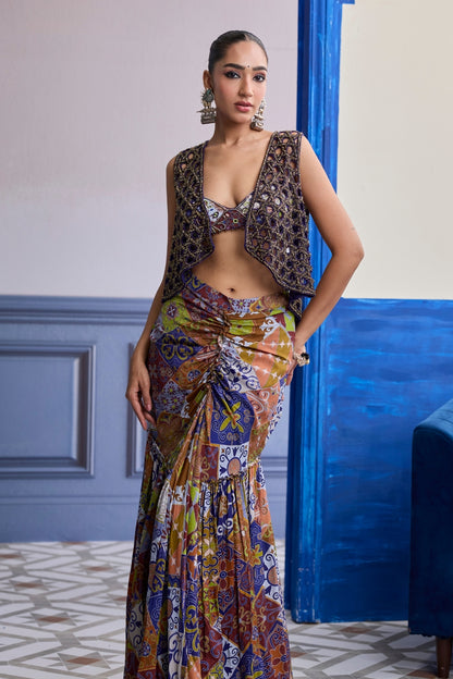 VIOLET MOSAIC BUSTIER WITH CUTWORK JACKET & GATHERED DHOTI SKIRT SET