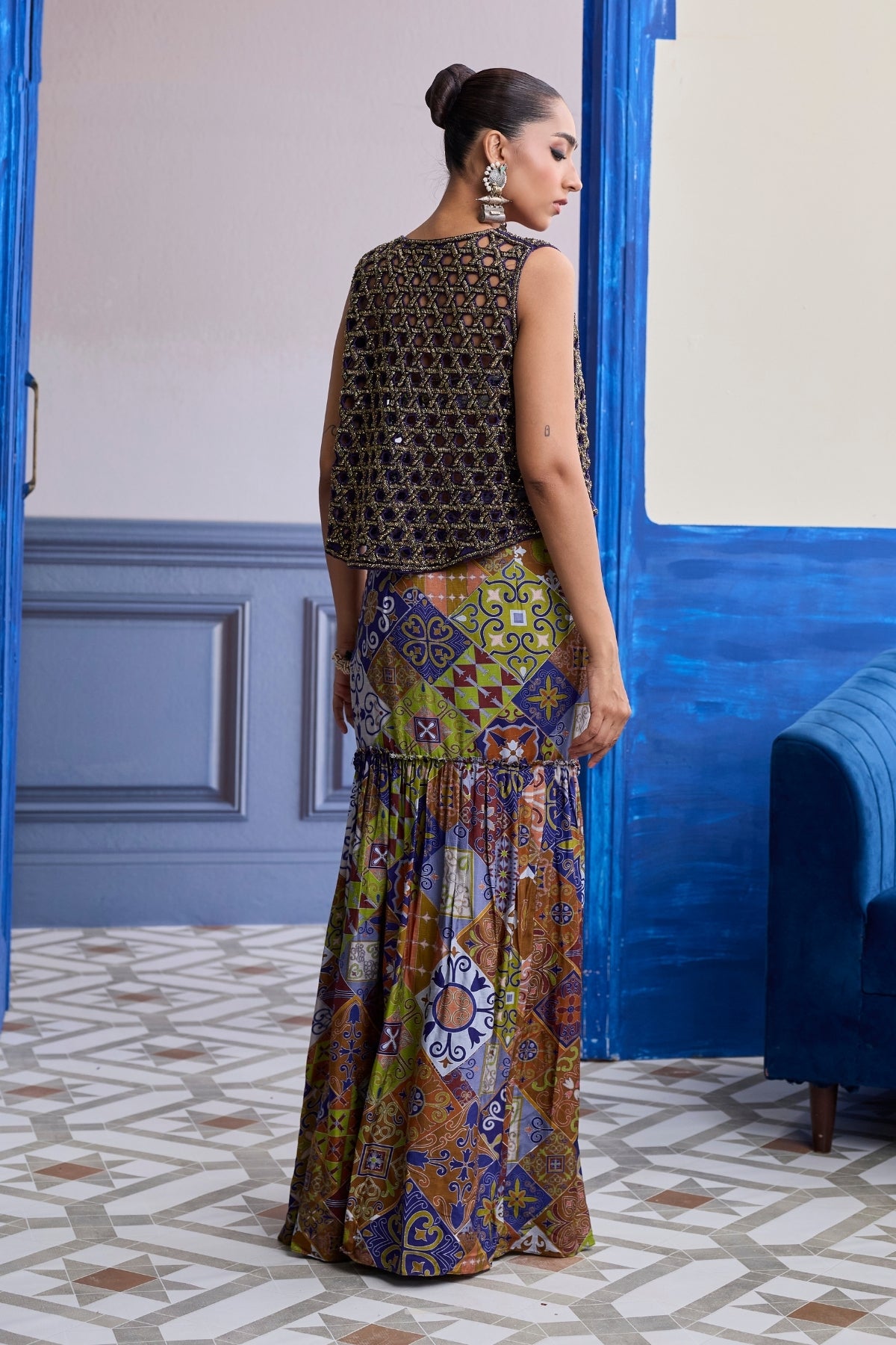 VIOLET MOSAIC BUSTIER WITH CUTWORK JACKET & GATHERED DHOTI SKIRT SET