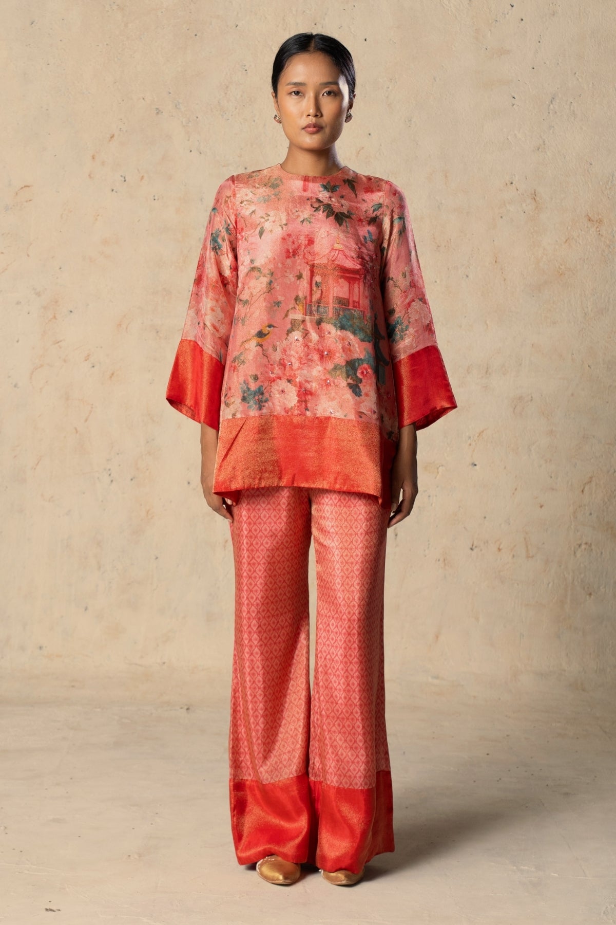 Printed Peach Tissue Pant Set