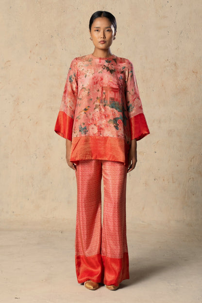 Printed Peach Tissue Pant Set