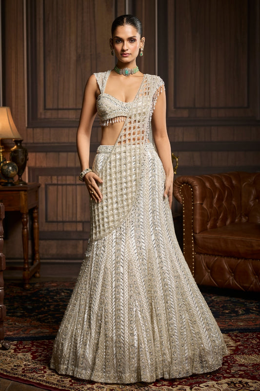 Silver Embellished Mermaid Skirt Saree Set