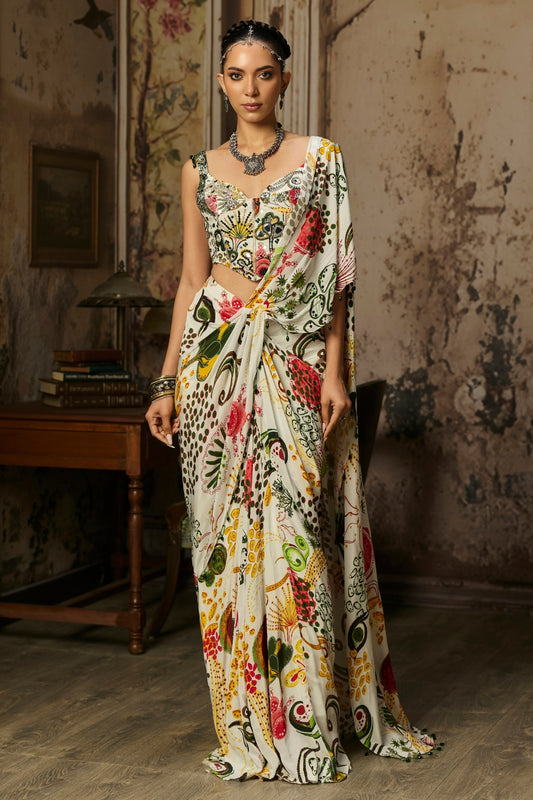 IVORY PRINT AND HIGHLIGHTED CORSET WITH  DHOTI SKIRT SAREE SET