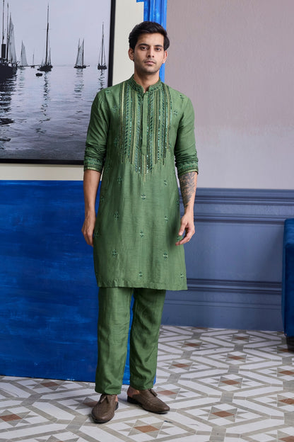 SAGE GREEN EMBOIDERED KURTA WITH PANTS
