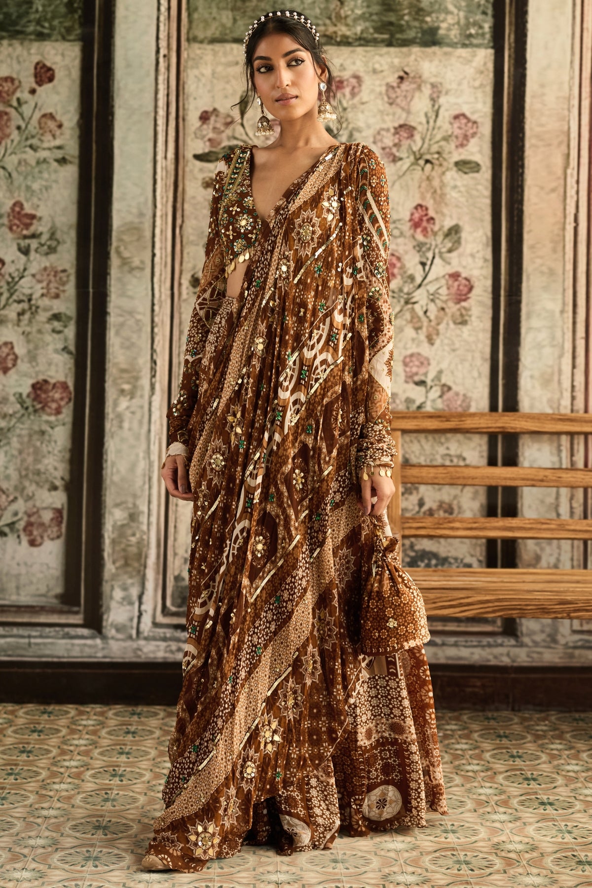 CARAMEL PRINT AND HIGHLIGHTED PLUNGE NECK BLOUSE WITH SHARARA SAREE SET