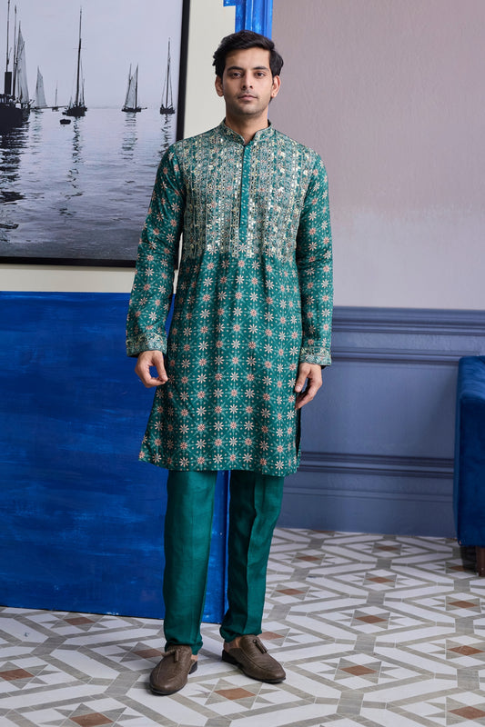 TEAL GREEN  BUTTA HIGHLIGHTED  KURTA WITH SOLID PANTS