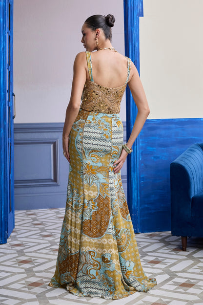 GOLD EMBROIDERED CORSET WITH FLORAL COWL & MERMAID SKIRT SET
