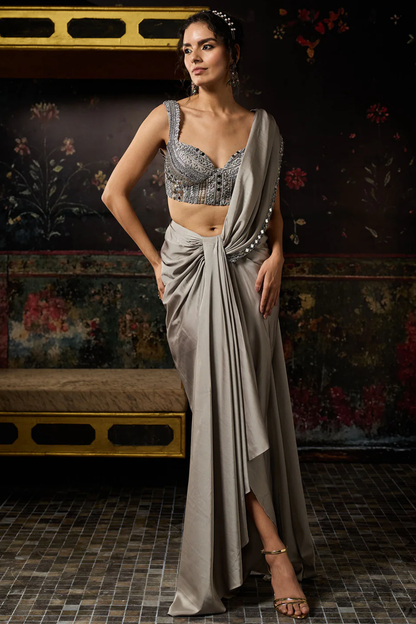 GREY EMBELLISHED DRAPED SKIRT SAREE SET