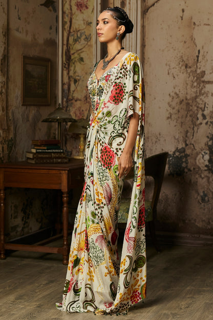 IVORY PRINT AND HIGHLIGHTED CORSET WITH  DHOTI SKIRT SAREE SET
