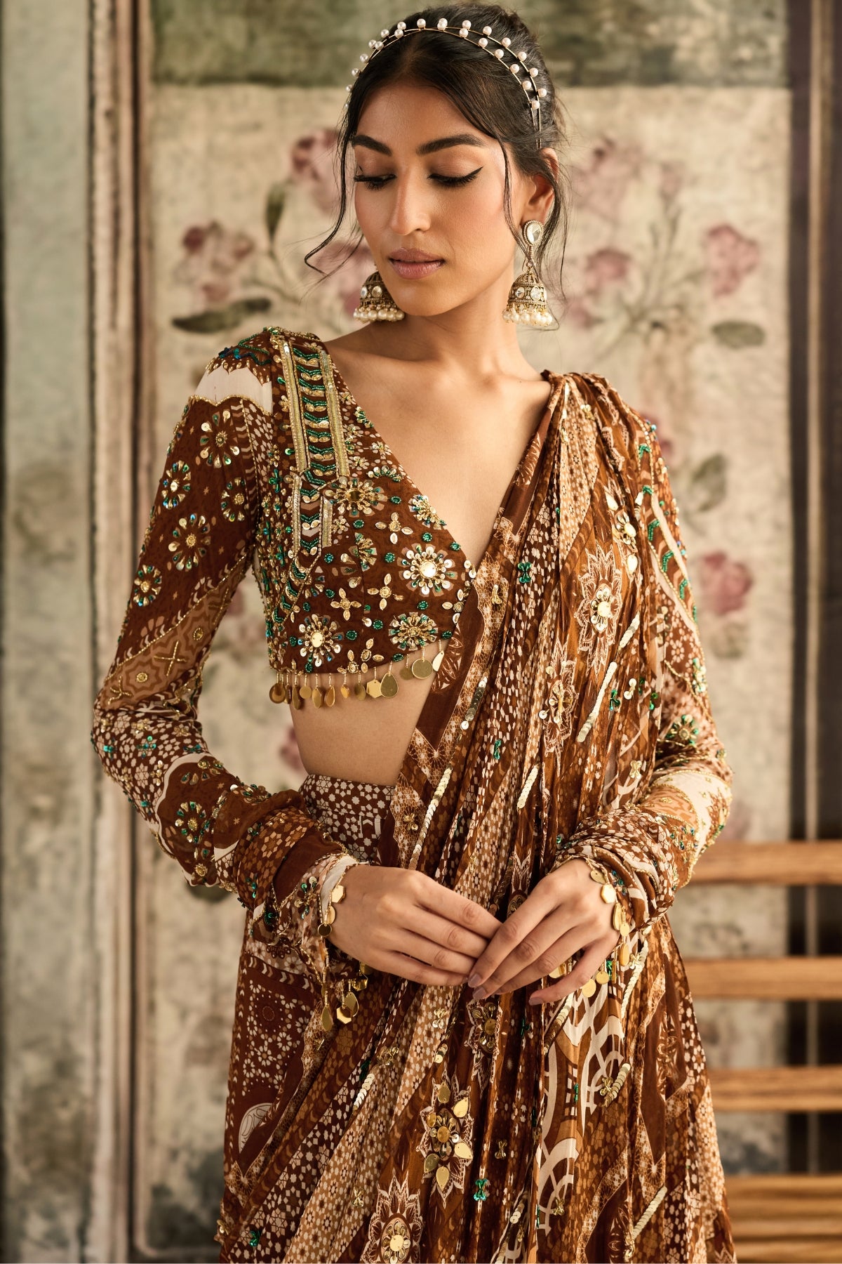 CARAMEL PRINT AND HIGHLIGHTED PLUNGE NECK BLOUSE WITH SHARARA SAREE SET