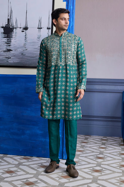 TEAL GREEN  BUTTA HIGHLIGHTED  KURTA WITH SOLID PANTS
