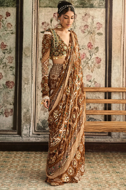 CARAMEL PRINT AND HIGHLIGHTED PLUNGE NECK BLOUSE WITH SHARARA SAREE SET