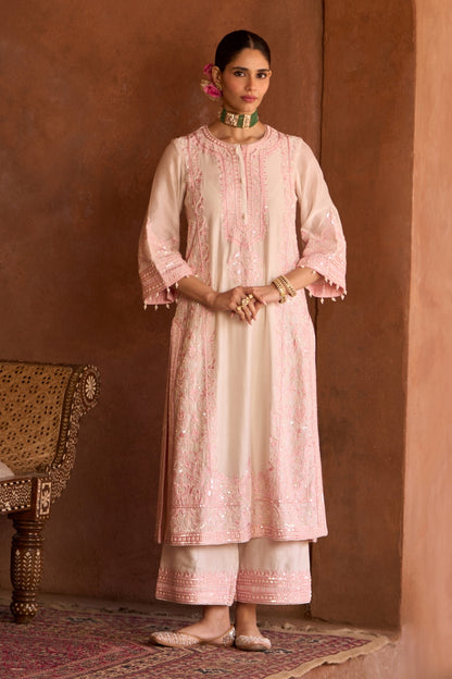 Ena - Daisy Ivory With Pink Long A-line Kurta With Palazzo And Dupatta