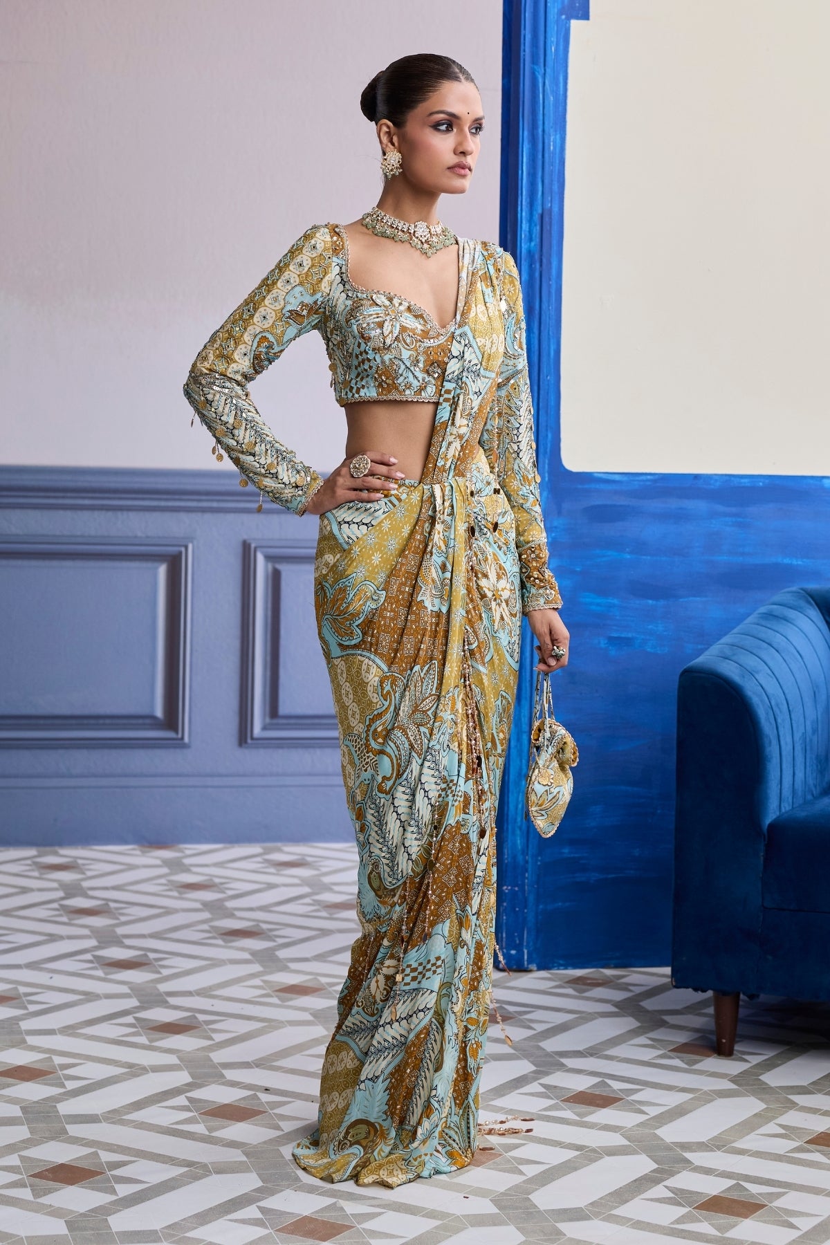 YELLOW FLORAL BLOUSE WITH COORDINATED PRINTED DHOTI SAREE SET
