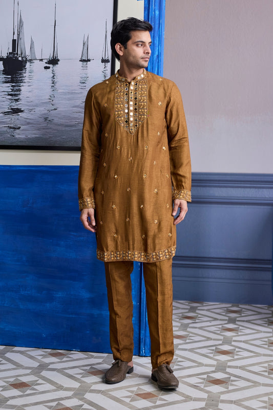 MUSTARD EMBROIDERED YOKE KURTA WITH PANTS