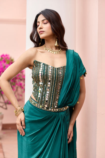 BOTTTLE GREEN EMBROIDERED CORSET SAREE SET