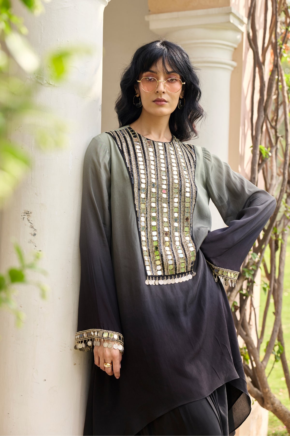 BLACK - GREY OMBRE EMBROIDERED KURTI SET