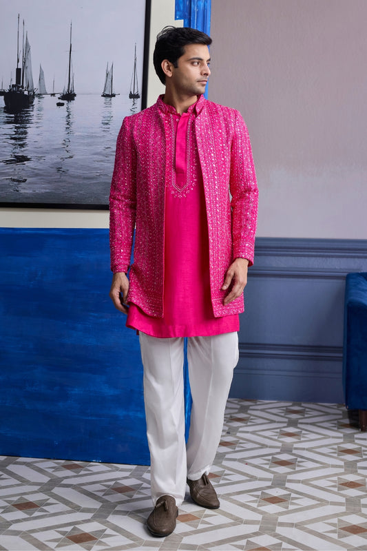 FUSCHIA PINK MIRROR EMBROIDERED & THREAD WORK BANDHGLA JACKET WITH KURTA & PANTS