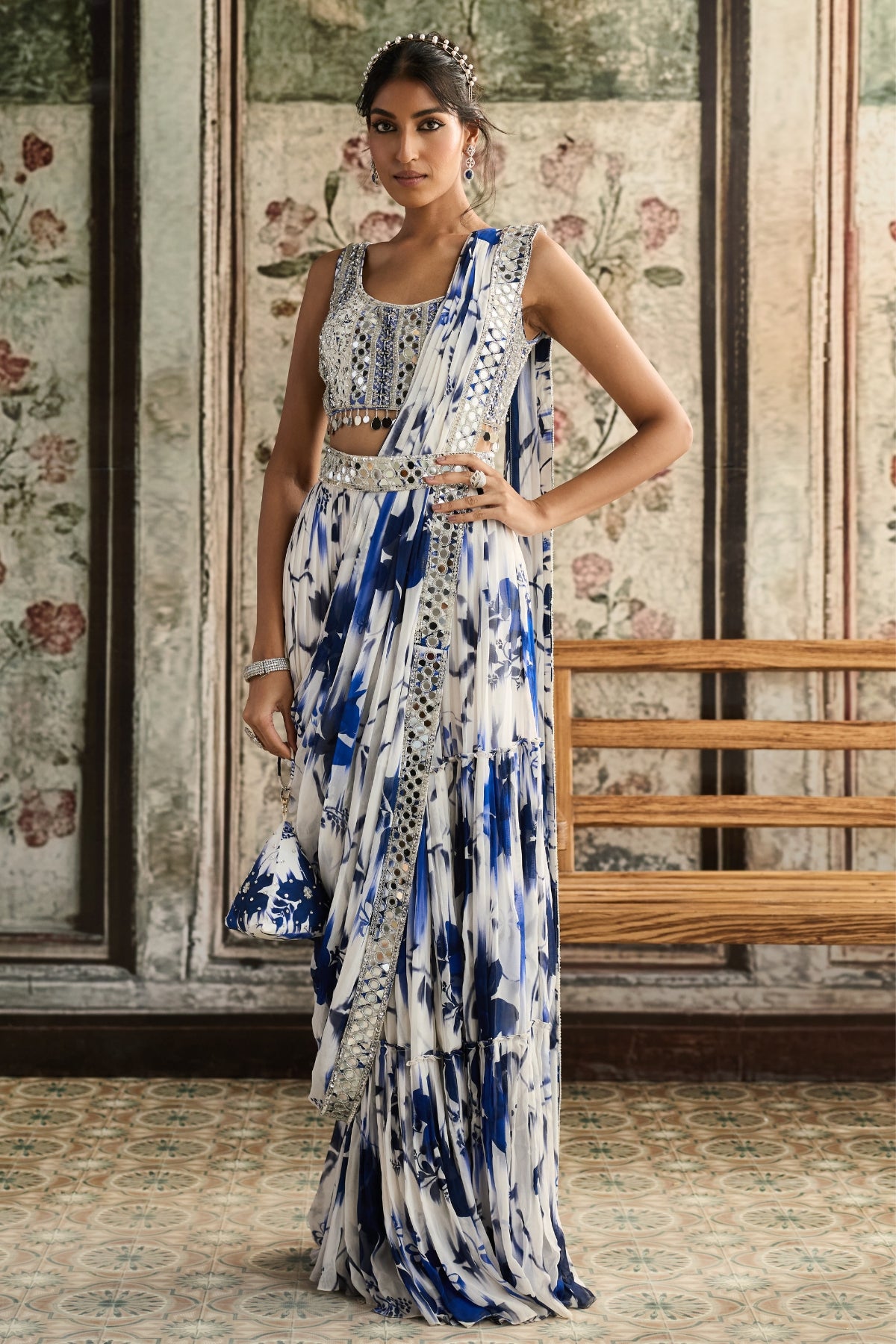IVORY & BLUE FLORAL PRINT AND HIGHLIGHTED BORDER SKIRT SAREE SET