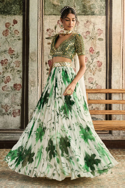 IVORY & GREEN FLORAL PRINTED LEHENGA SET